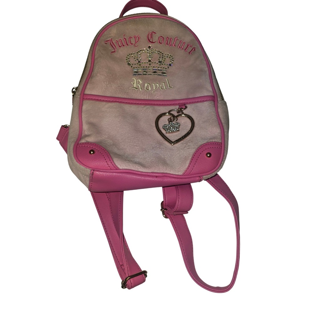 Juicy Couture Royal Mini Backpack Women Pink Velour Y2K McBling Rhinestone Crown